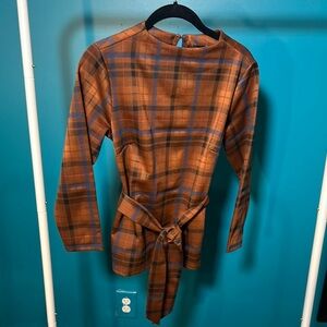 Plaid Long Sleeve Belted Top